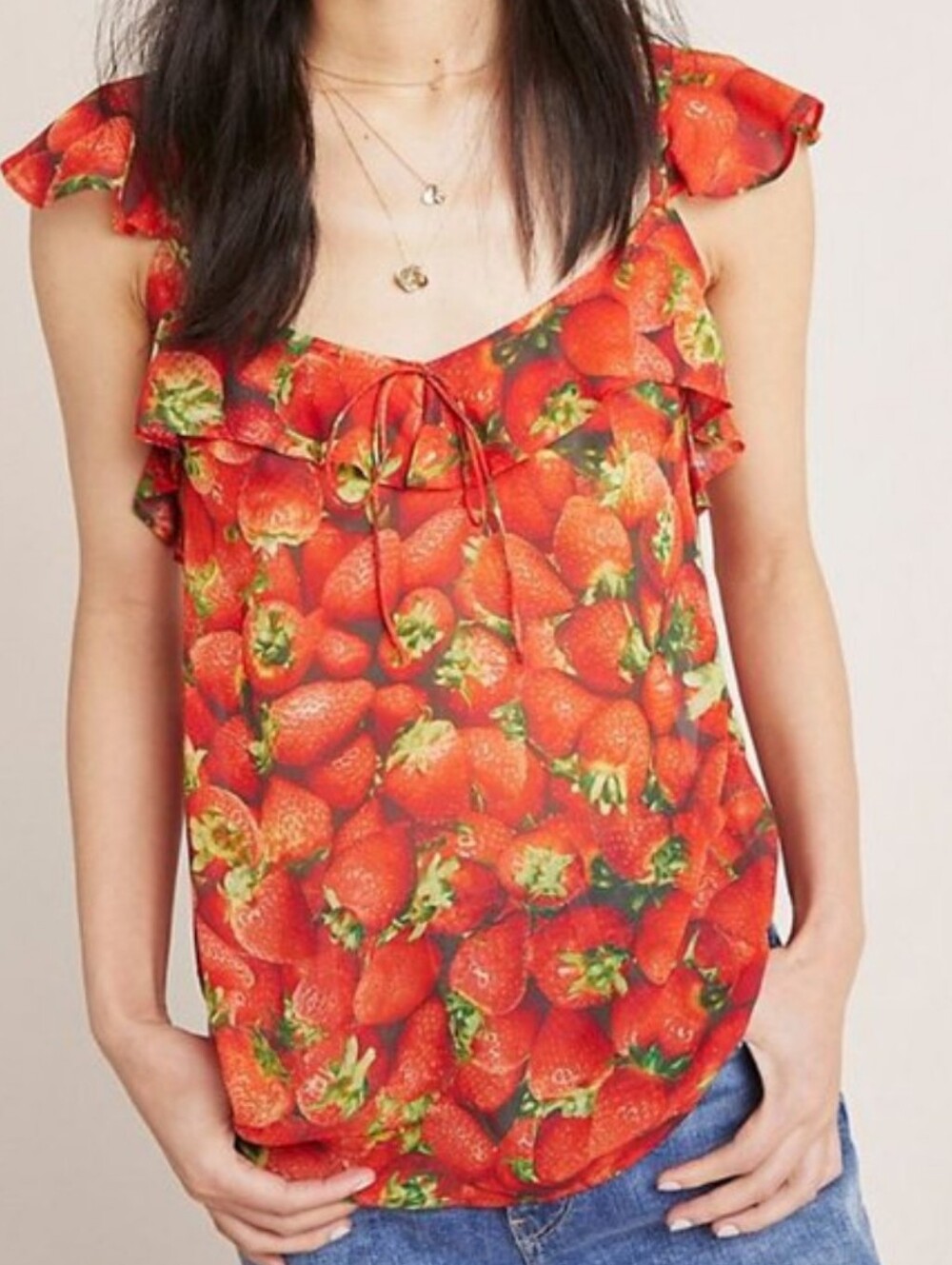 Anthropologie Women’s Red Strawberry Print Ruffle Tank Top Size 2 New